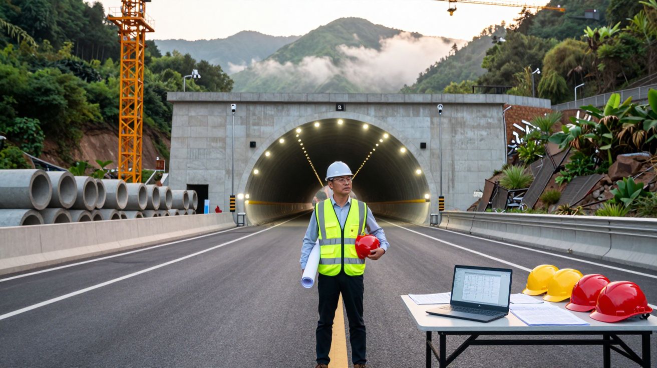 Engenheiro de segurança com colete e capacete em túnel rodoviário em construção com mesa de trabalho e capacetes.