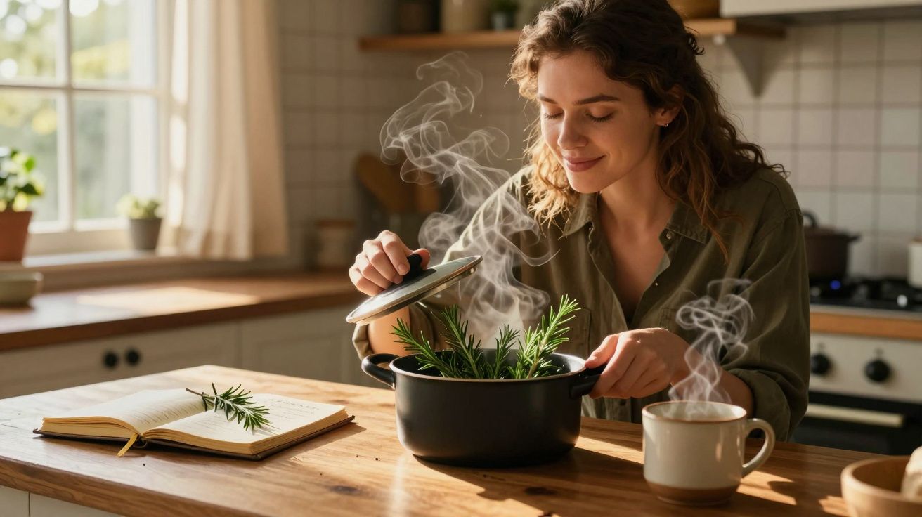 Mulher a preparar infusão com ervas aromáticas numa cozinha iluminada a luz natural.