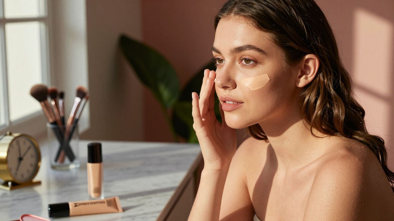 Mulher aplica base de maquilhagem no rosto, sentada numa mesa com produtos de beleza e pincéis.