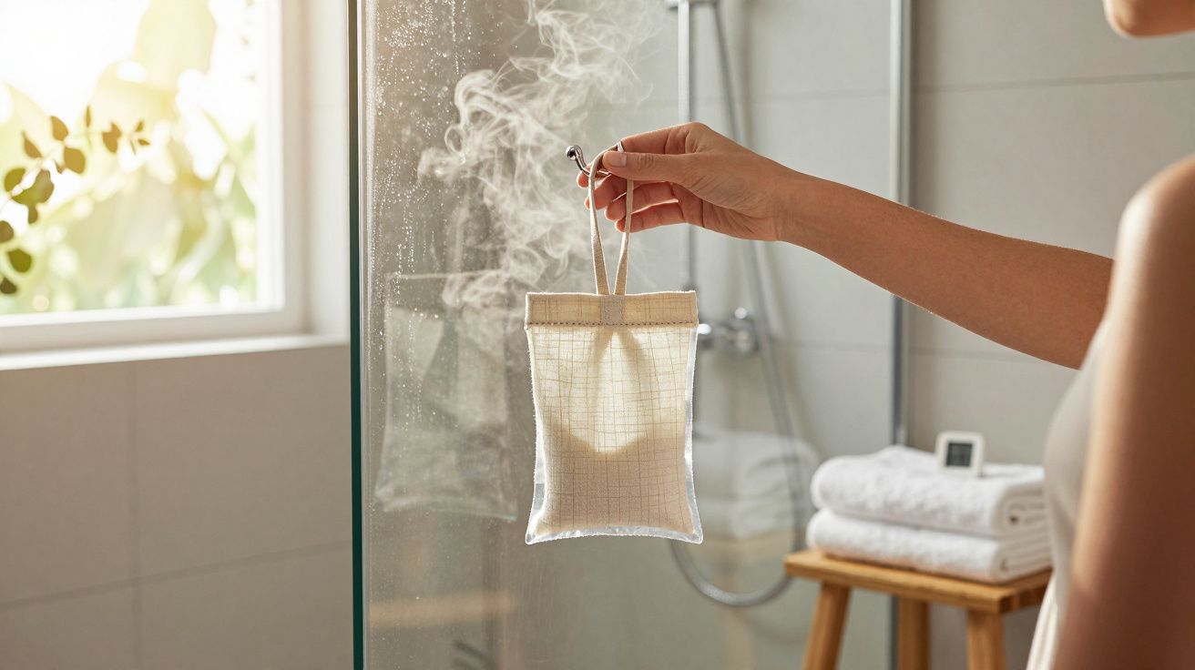 Mão segura saquinho perfumado a vapor num banheiro claro com toalhas dobradas num banco de madeira.