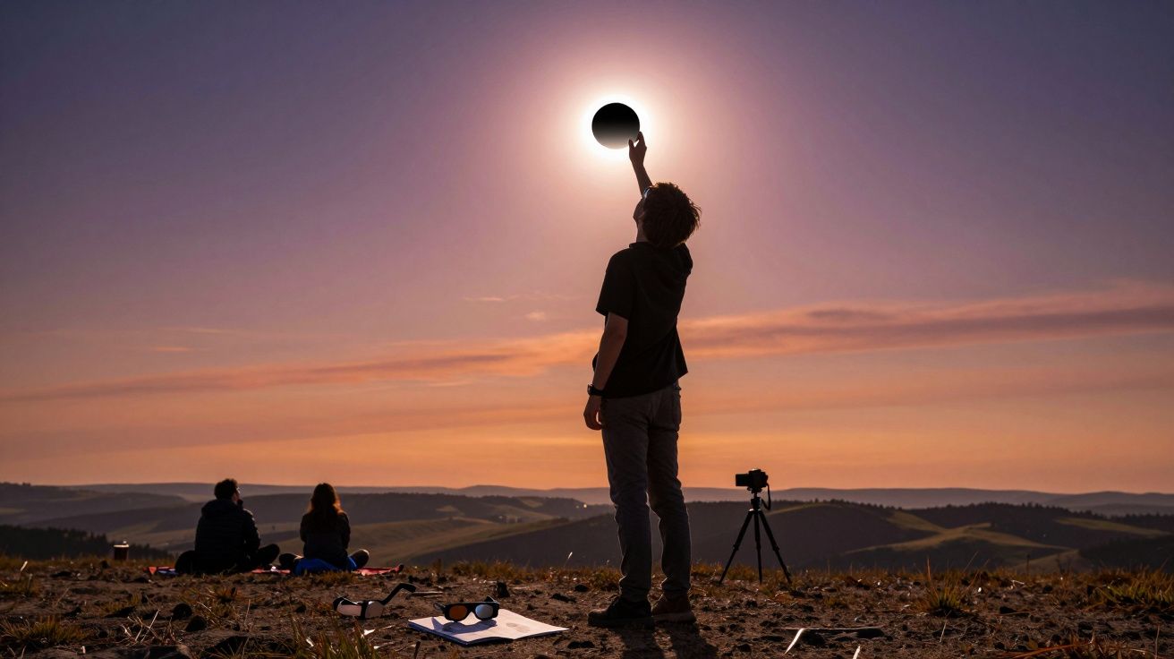 Pessoa a simular toque num eclipse solar durante o pôr do sol, com duas pessoas sentadas e câmara em tripé.