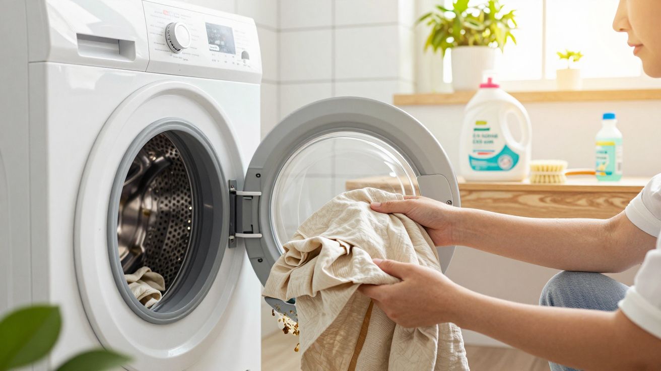 Pessoa a colocar roupa na máquina de lavar roupa branca num ambiente luminoso e arrumado.