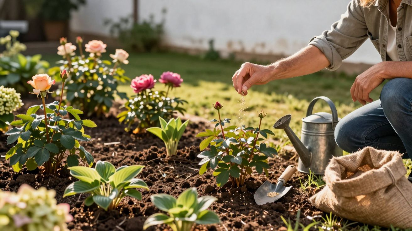 Pessoa a fertilizar rosas num jardim com regador e saco de adubo ao lado.
