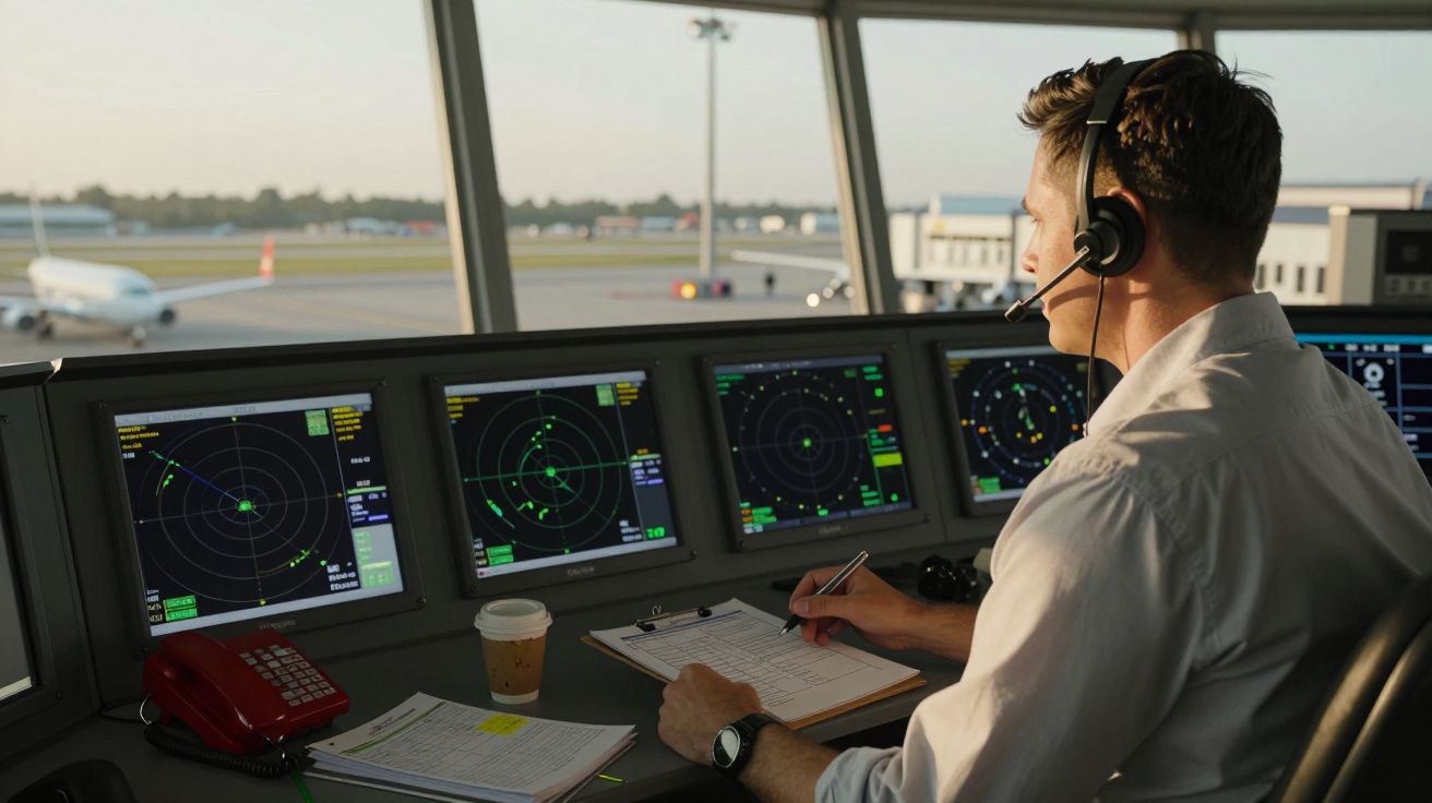 Controlador aéreo com auscultadores a monitorizar radares e a fazer anotações numa torre de controlo de aeroporto.