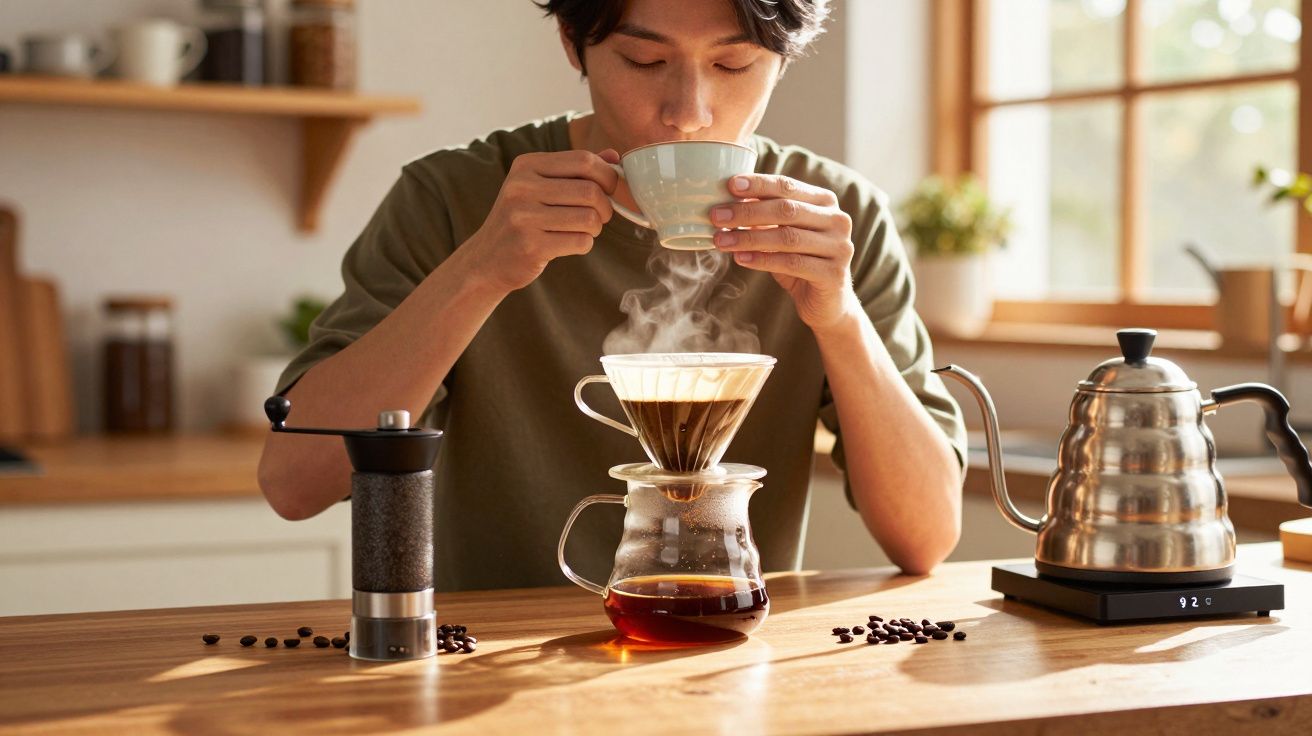 Pessoa a beber café acabado de coar numa cozinha iluminada, com utensílios de café na mesa de madeira.