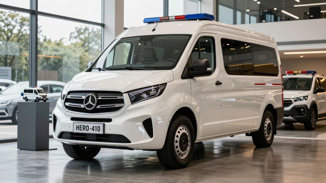 Van branca da polícia Mercedes-Benz com luzes de emergência azul e vermelho, exposta em interior moderno.