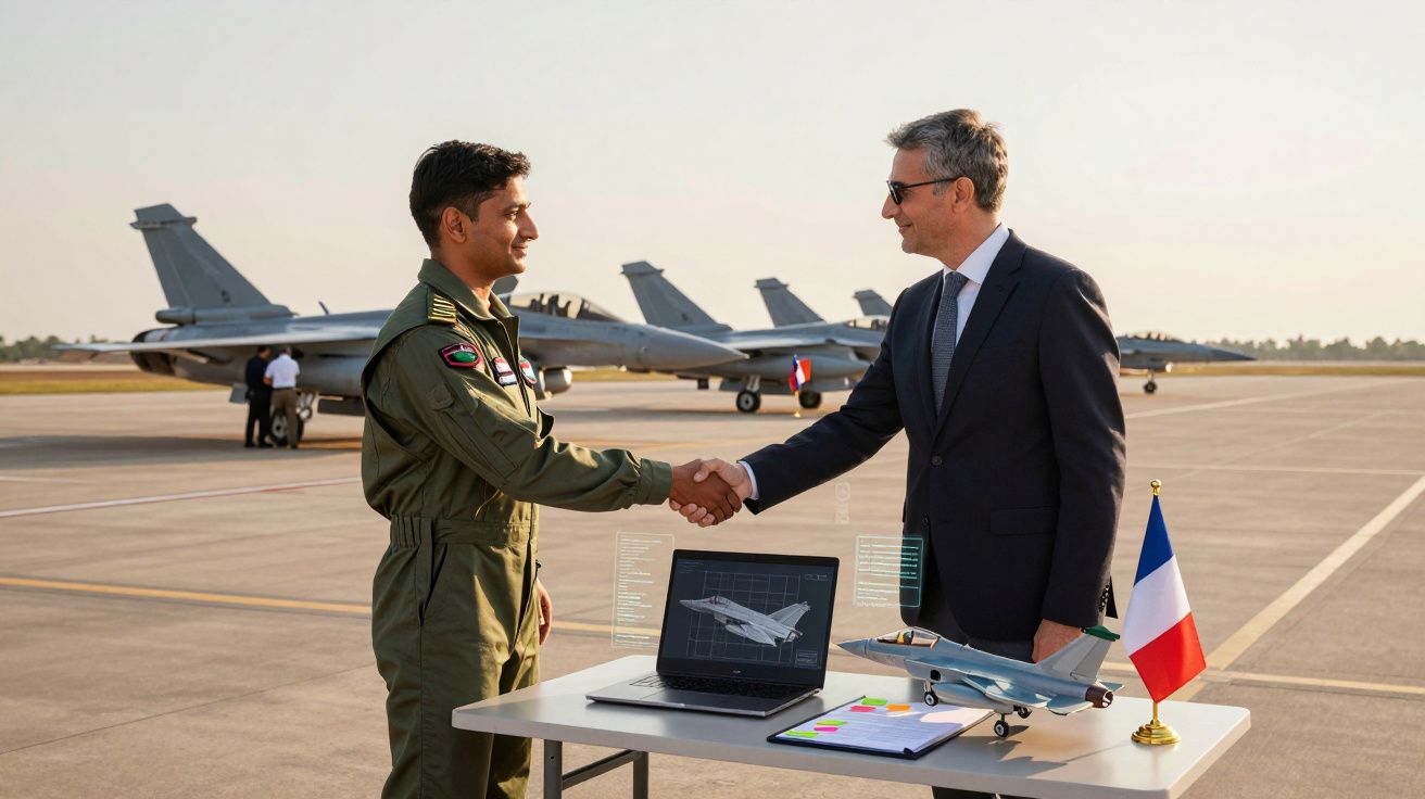 Piloto de caça e empresário apertam mãos num aeroporto com quatro jatos ao fundo e maquete de avião na mesa.