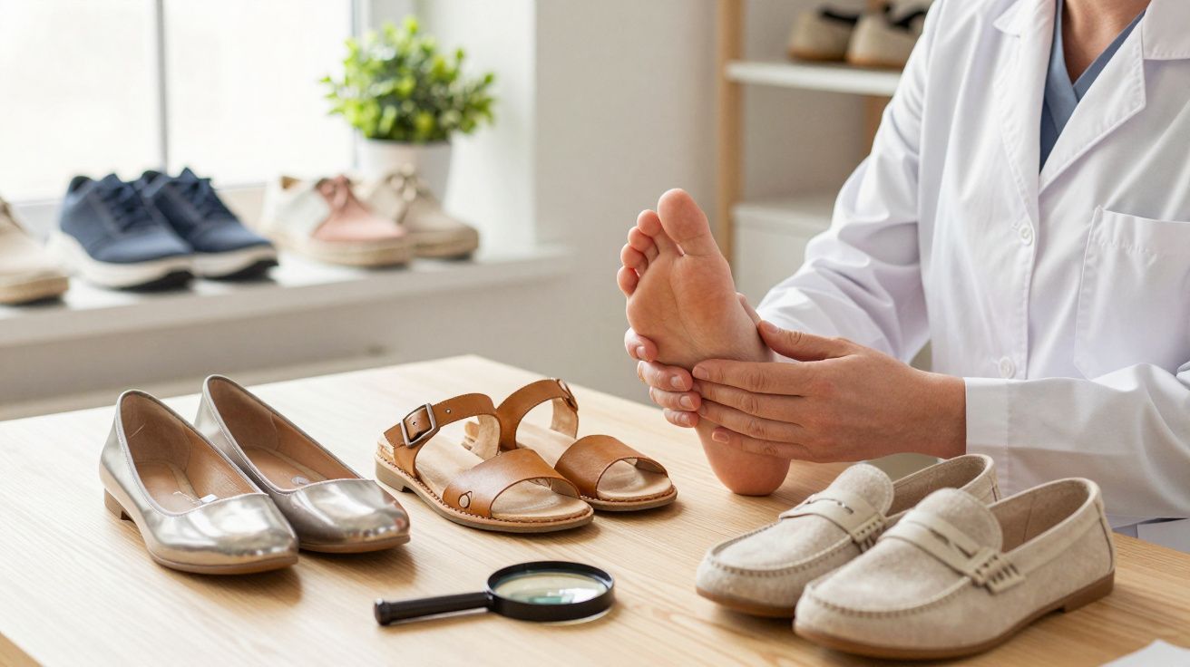 Profissional da saúde examina pé descalço junto a diferentes tipos de calçado sobre a mesa.
