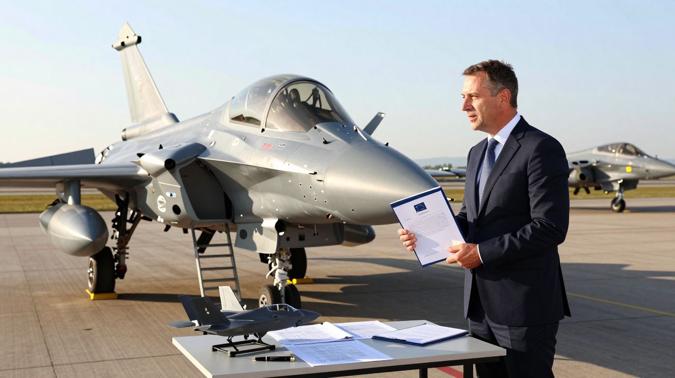 Homem de fato formal junto a jato militar estacionado, com maquete de avião e documentos sobre mesa.