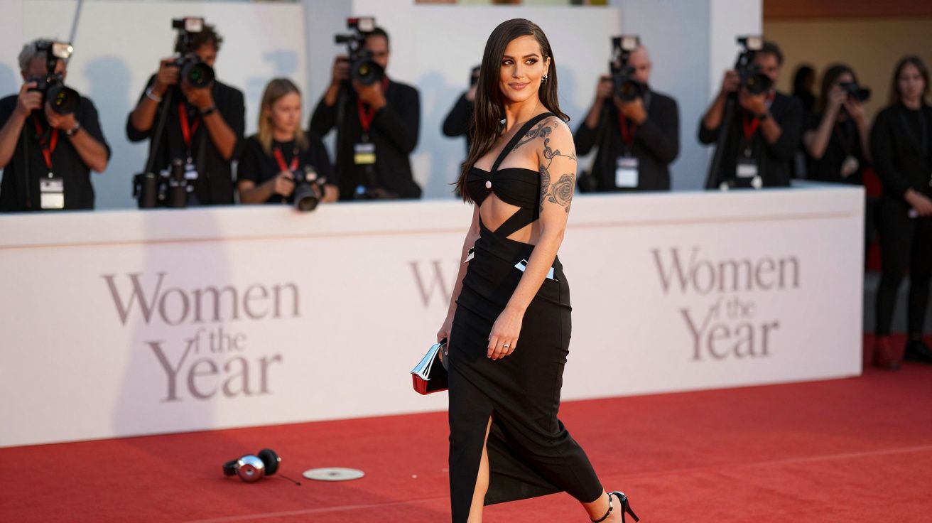 Mulher de vestido preto elegante posando no tapete vermelho, com fotógrafos ao fundo.