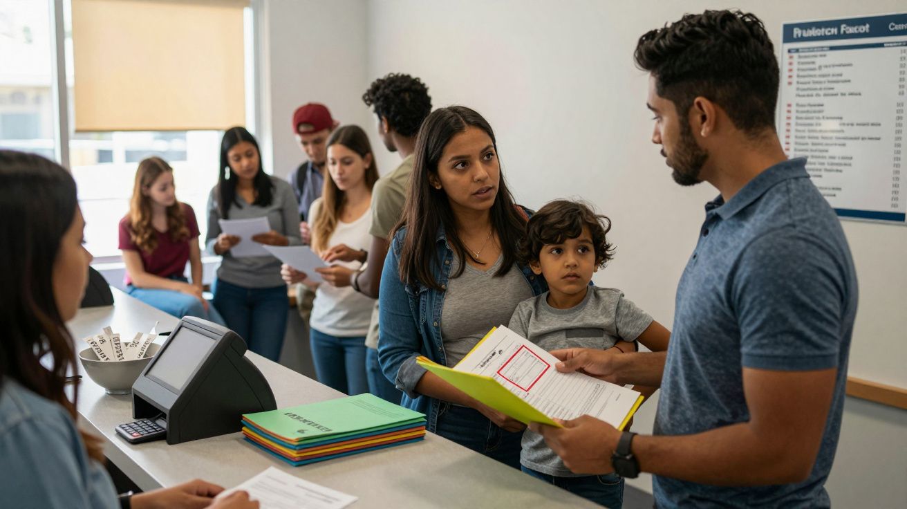 Família a preencher documentos na receção de uma clínica, com outras pessoas em fila ao fundo.