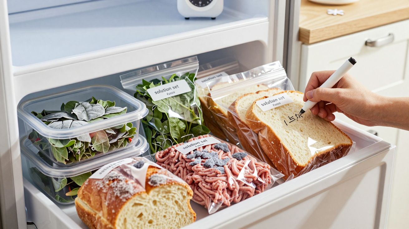 Alimentos frescos guardados na frigorífico em sacos e recipientes reutilizáveis com etiquetas personalizadas.