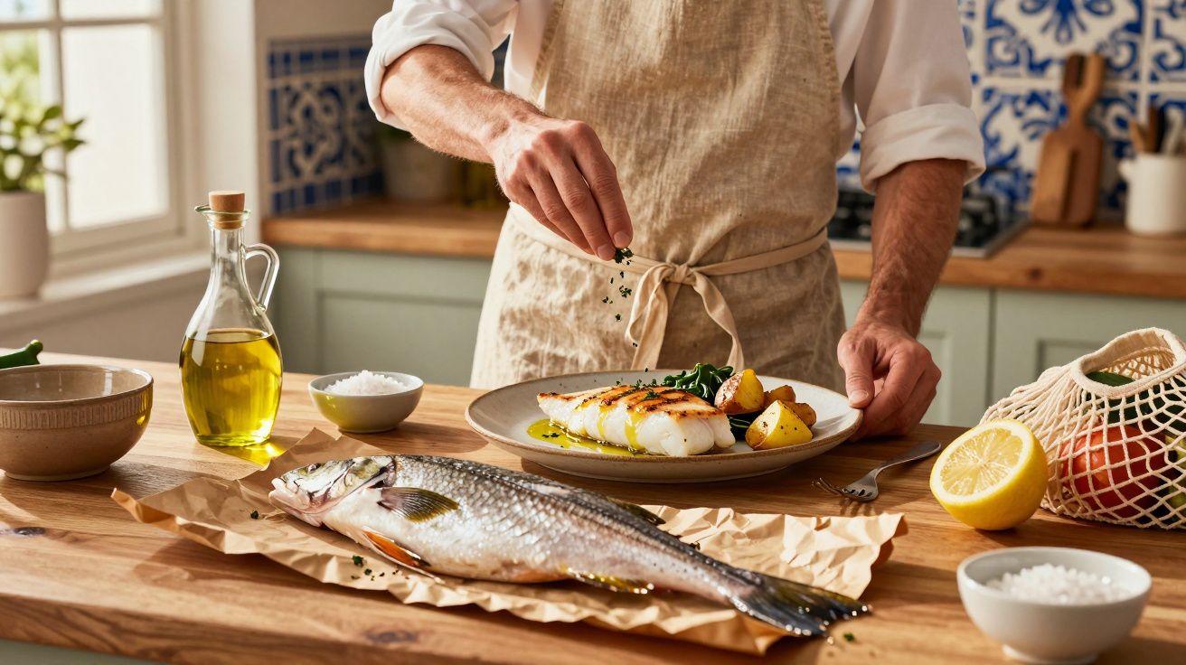 Pessoa a temperar prato com peixe grelhado e batatas numa cozinha rústica com peixe cru na bancada.