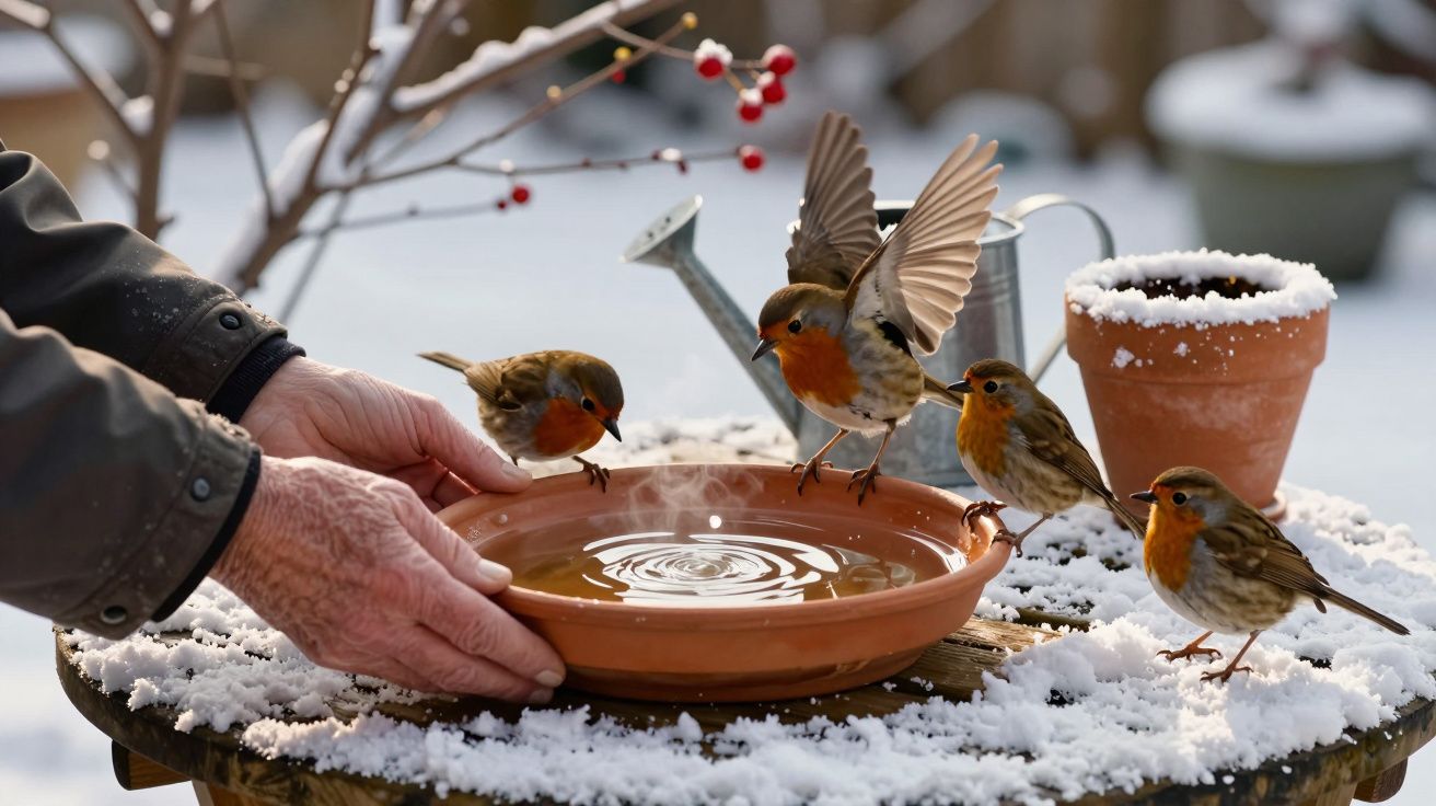 Mãos seguram um prato com água para quatro pisco-de-peito-ruivo numa mesa com neve e um vaso.