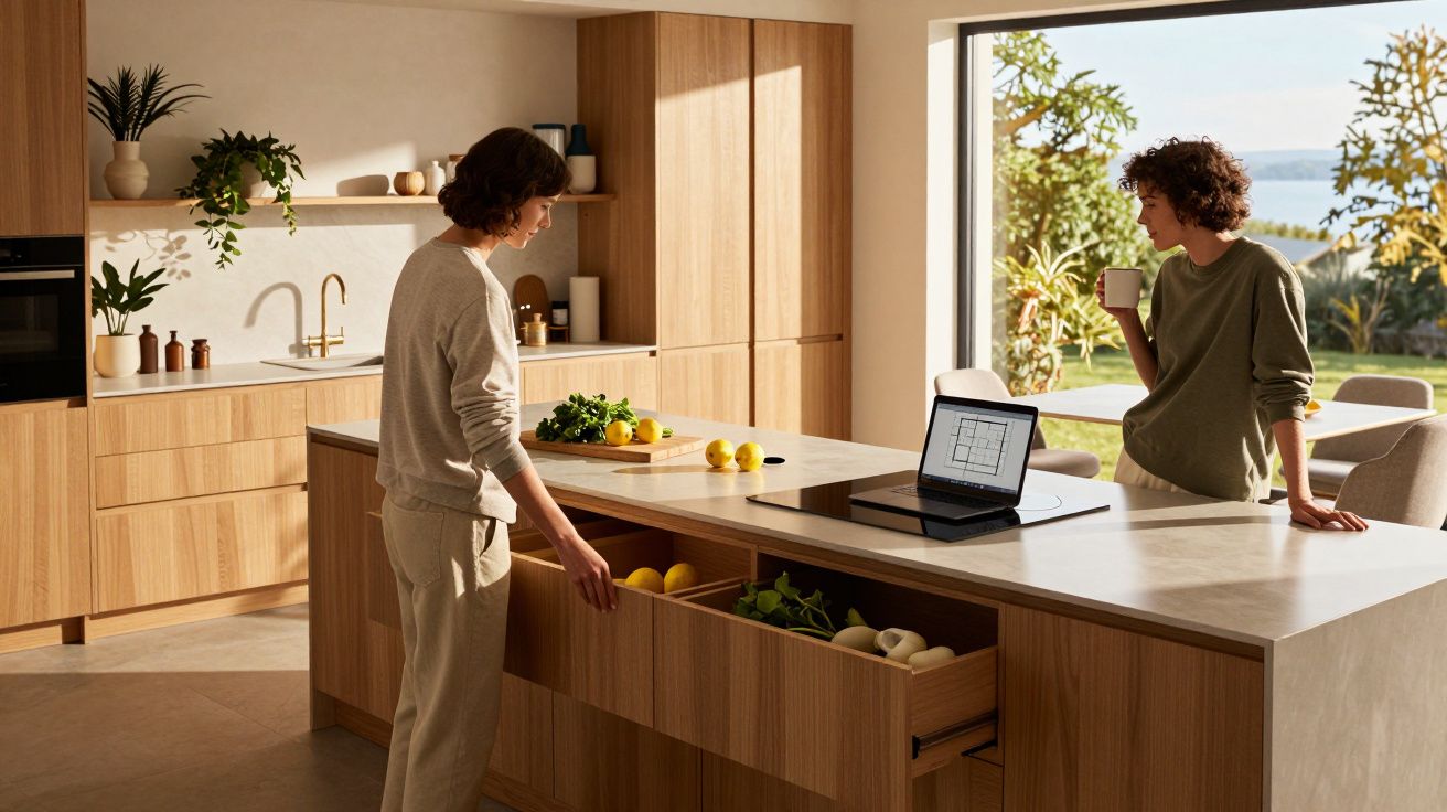 Duas mulheres numa cozinha moderna em madeira, uma abre gaveta com frutas e outra bebe de caneca junto a laptop.