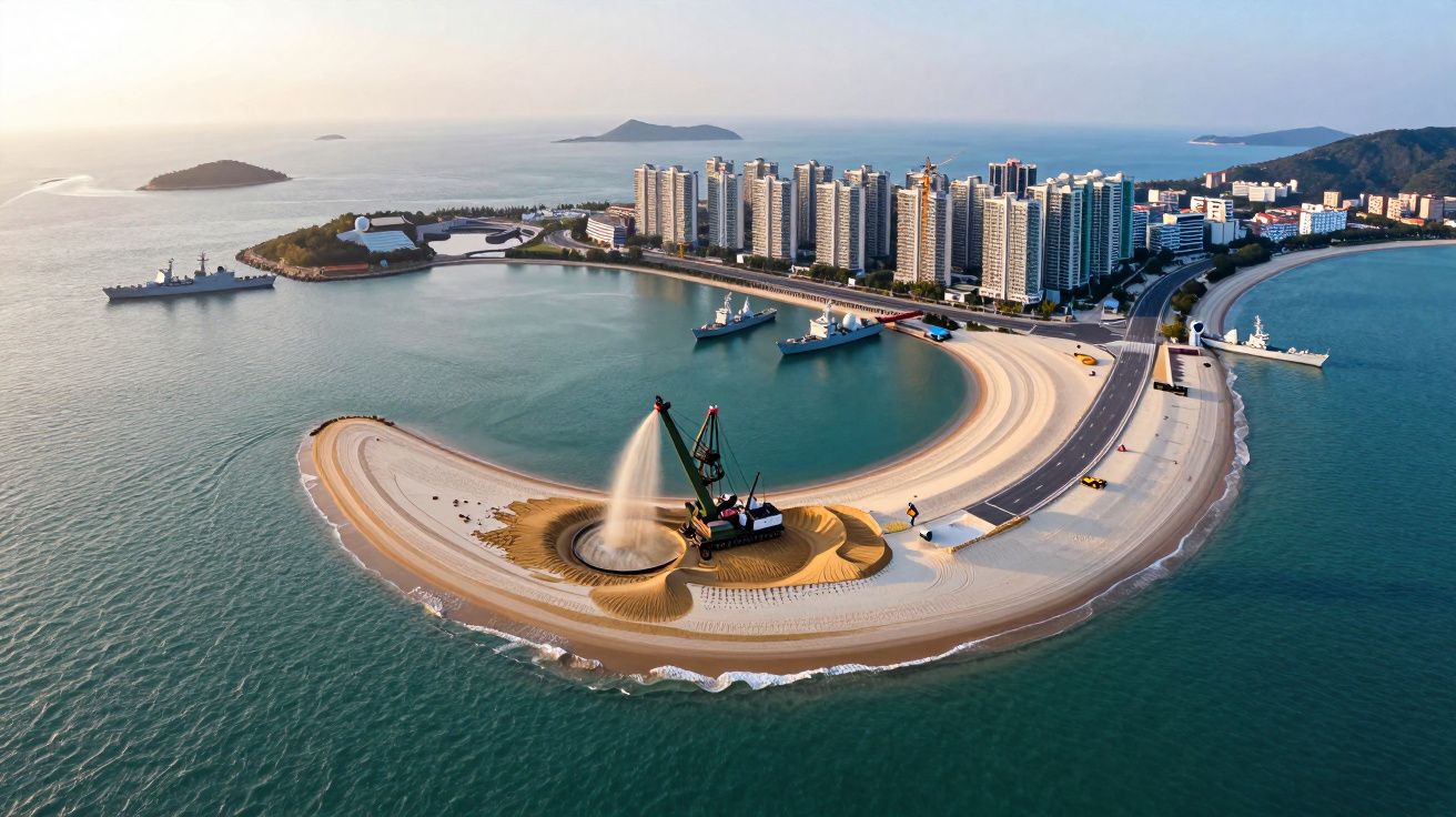 Ilha artificial em forma de concha com maquinaria a espalhar areia, edifícios altos e barcos ao redor no oceano.