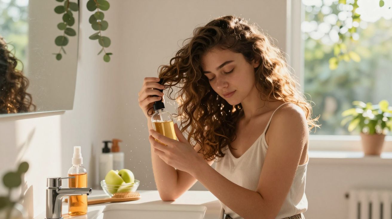 Mulher a aplicar óleo nos cabelos num ambiente iluminado com plantas e produtos de beleza.