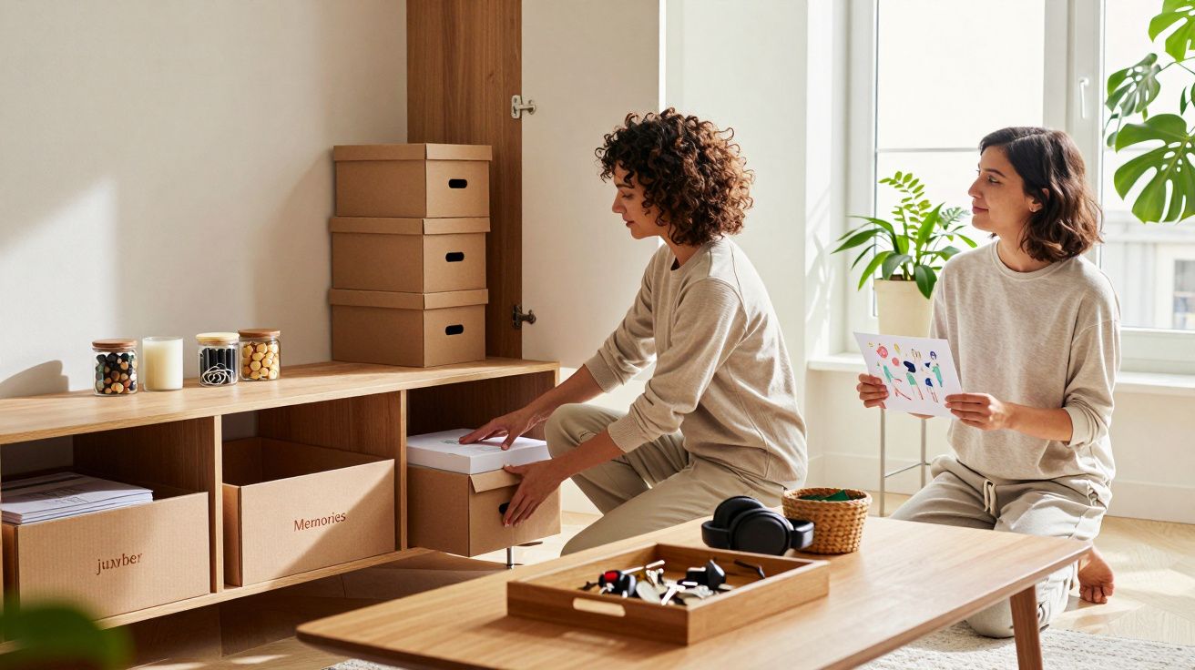 Duas mulheres organizam caixas de arrumação numa sala clara e arejada com móveis de madeira e plantas.