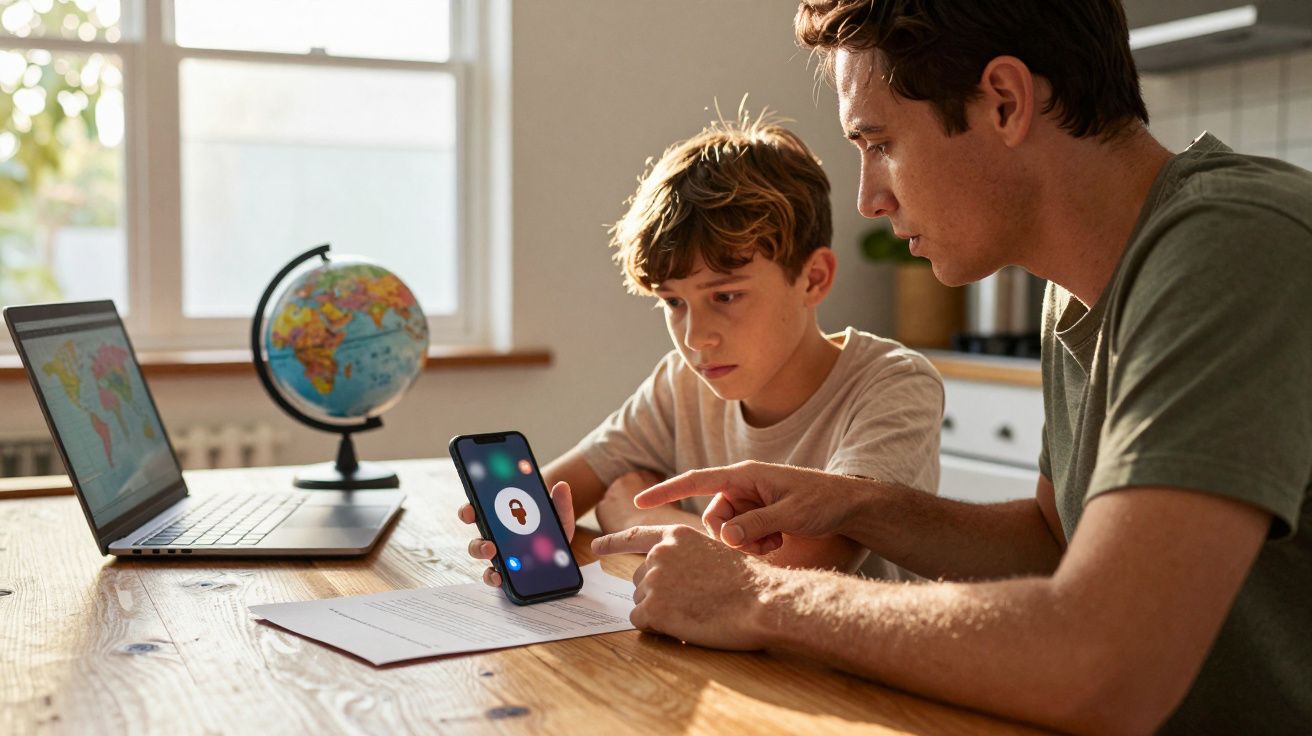 Pai e filho sentados à mesa a olhar para um smartphone com aplicação de segurança enquanto estudam.