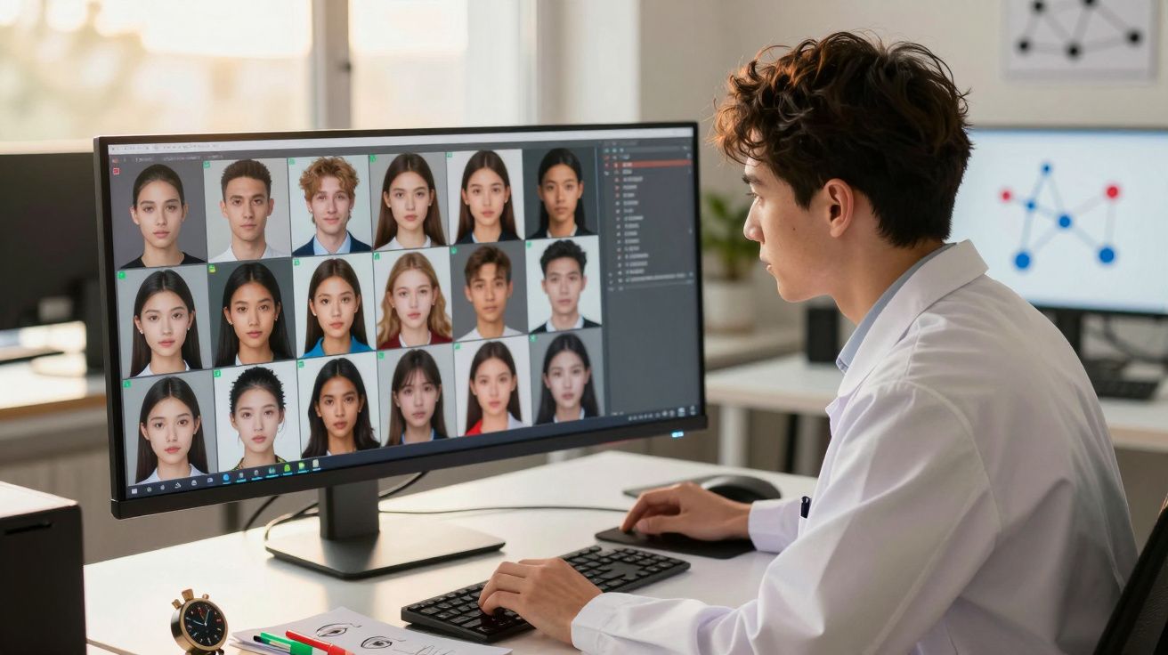 Pessoa em bata branca analisa várias fotografias de rostos jovens num monitor de computador.