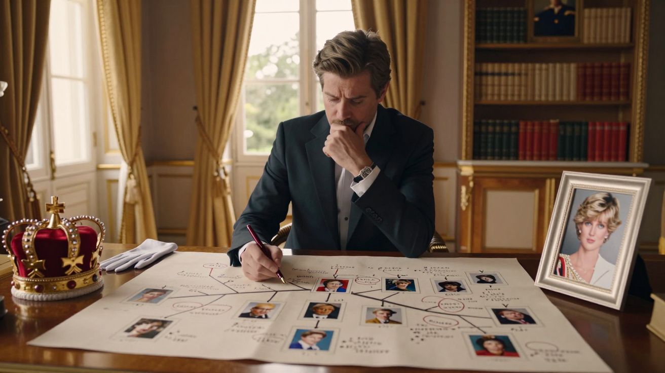 Homem de fato a pensar e a escrever num quadro genealógico sentado à mesa com coroa e foto de princesa.