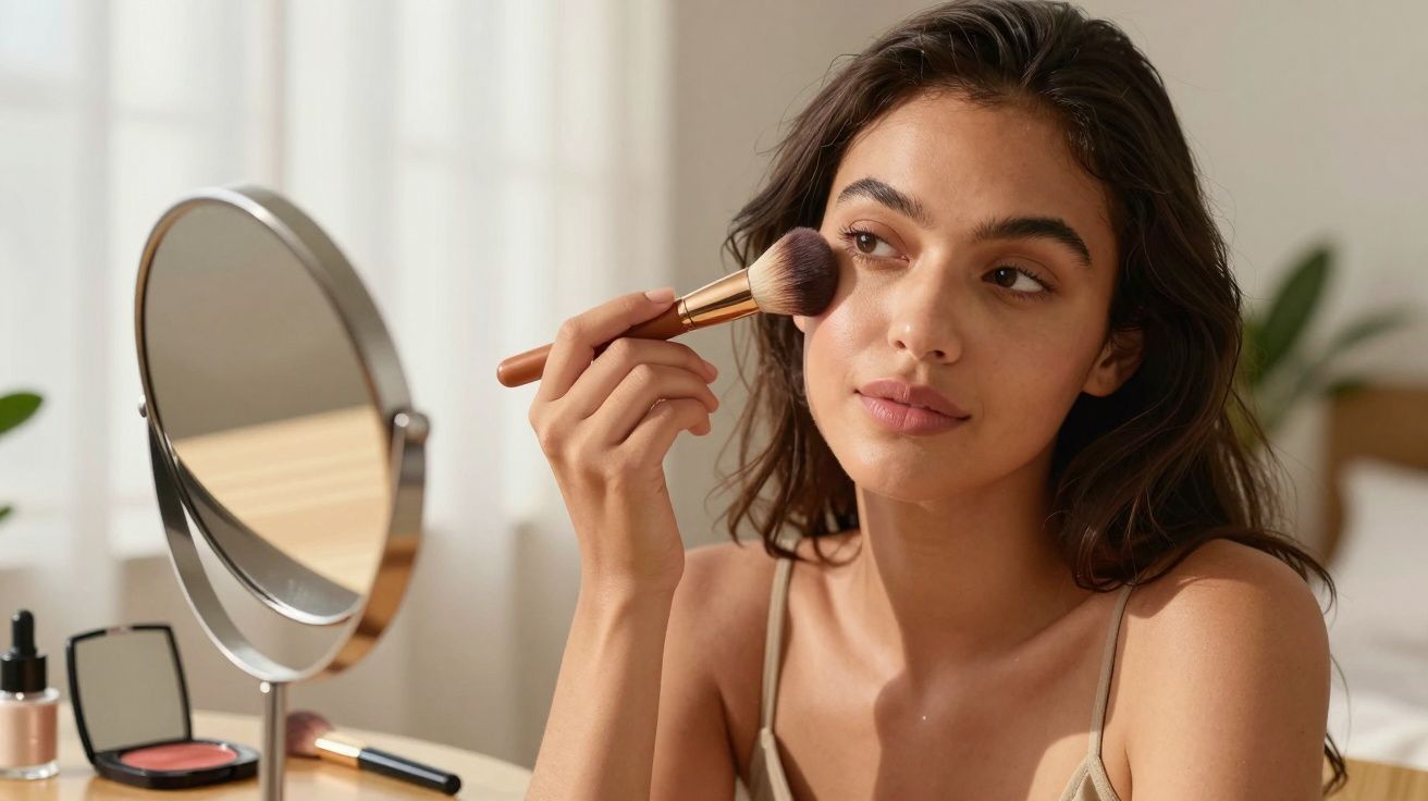 Mulher a aplicar maquilhagem com pincel na face frente a um espelho numa mesa.