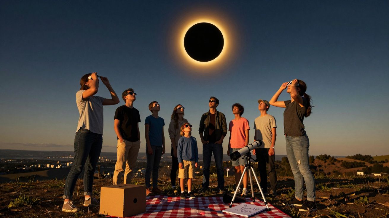 Grupo de pessoas a observar eclipse solar total ao ar livre com óculos especiais e telescópio ao pôr do sol.