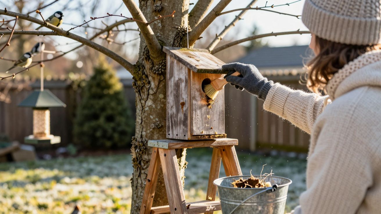 Pessoa a limpar caixa de ninho para pássaros presa numa árvore durante dia de inverno.