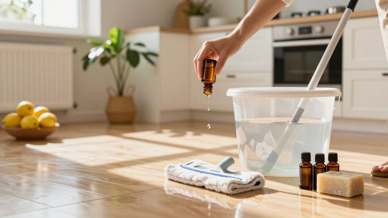 Pessoa a adicionar gotas de óleo essencial a balde com água para limpar chão de madeira numa cozinha iluminada.
