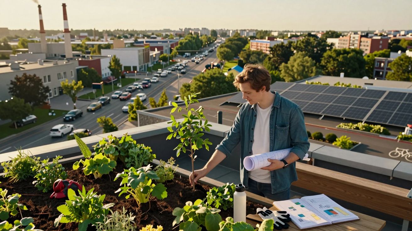 Jovem a cuidar de plantas numa horta urbana no terraço, com cidade e painéis solares ao fundo.