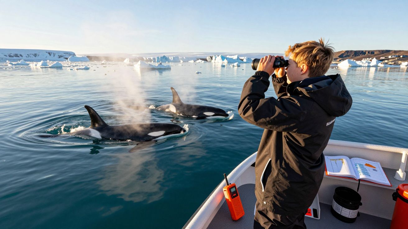 Pessoa observa orcas perto de um barco numa zona gelada com binóculos e equipamentos de navegação.