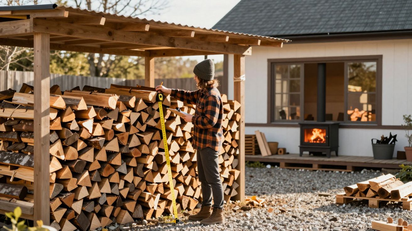 Pessoa a medir pilha de lenha sob abrigo de madeira junto a casa com lareira acesa na varanda.