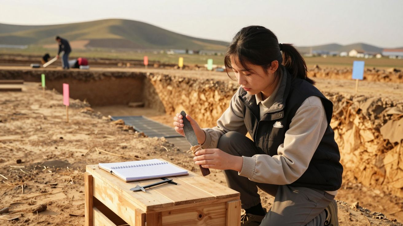 Jovem arqueóloga examina uma peça em escavação arqueológica com notebook e ferramentas em mesa de madeira.