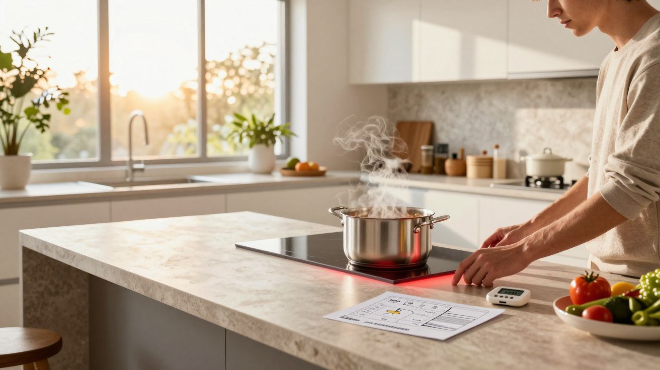 Pessoa a cozinhar num fogão elétrico numa cozinha moderna com janela e luz natural.
