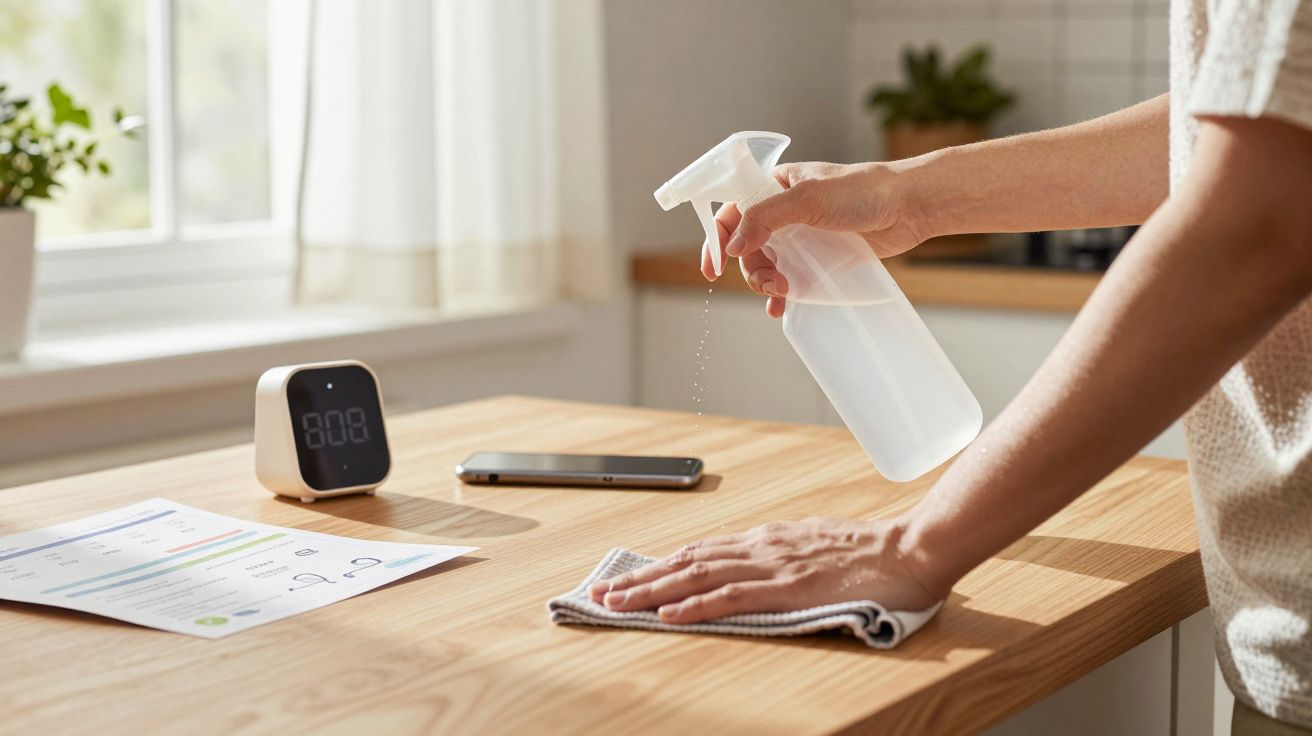 Pessoa a limpar uma mesa de madeira com pano e pulverizador em ambiente luminoso interior.
