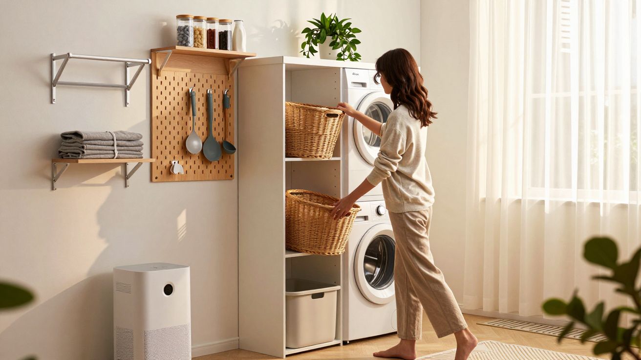 Mulher a colocar cestos de roupa numa lavandaria clara e organizada com máquina de lavar e secar.