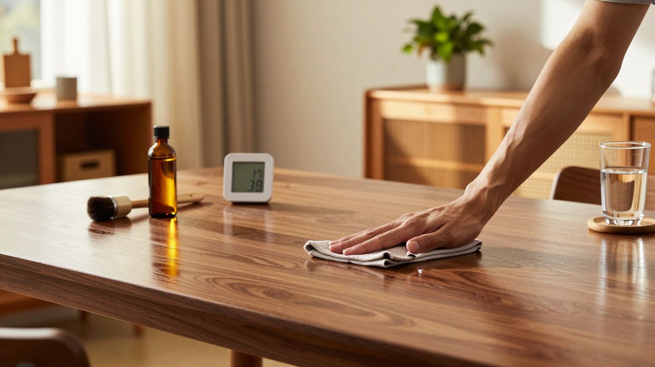 Pessoa a limpar mesa de madeira com pano num ambiente doméstico iluminado.