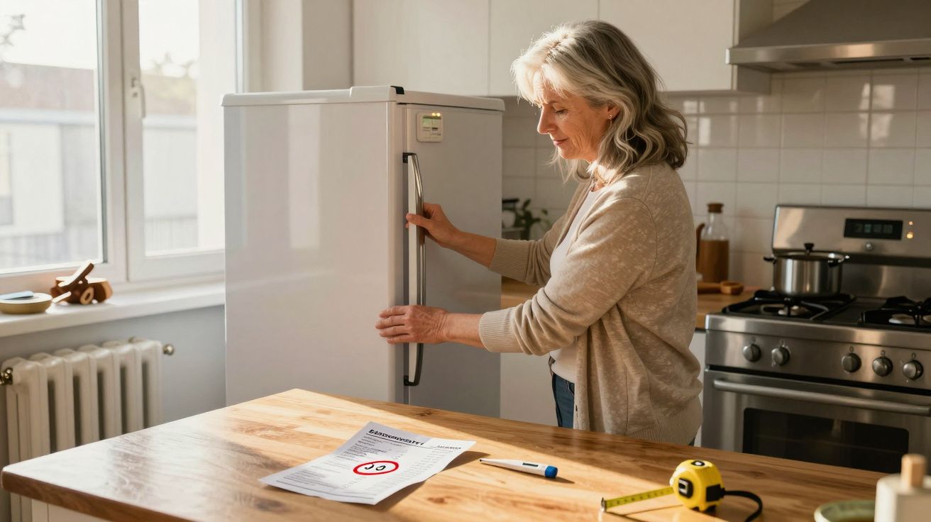 Mulher idosa a abrir frigorífico numa cozinha com mesa de madeira e documentos sobre custos de energia.