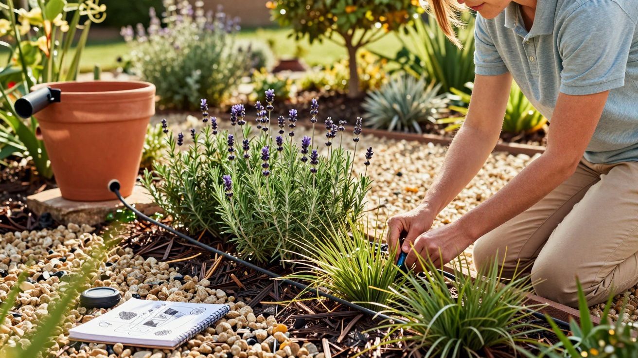 Pessoa a cuidar de plantas aromáticas num jardim com gravilha e regador de plástico castanho.