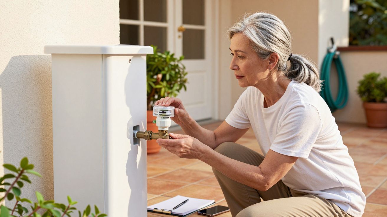 Mulher a ler contador de água num medidor exterior junto a uma casa com terraço.