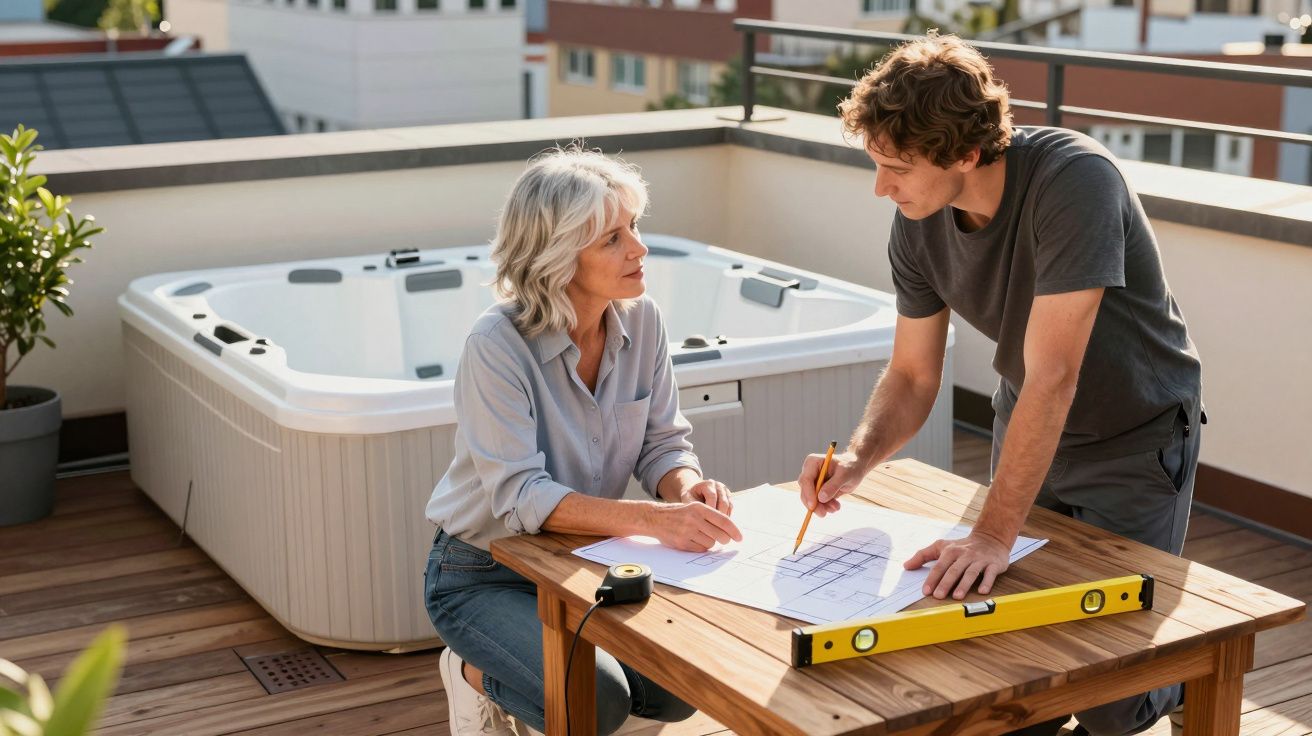 Mulher e homem a analisar planta de projeto numa varanda com jacuzzi ao fundo durante o dia.