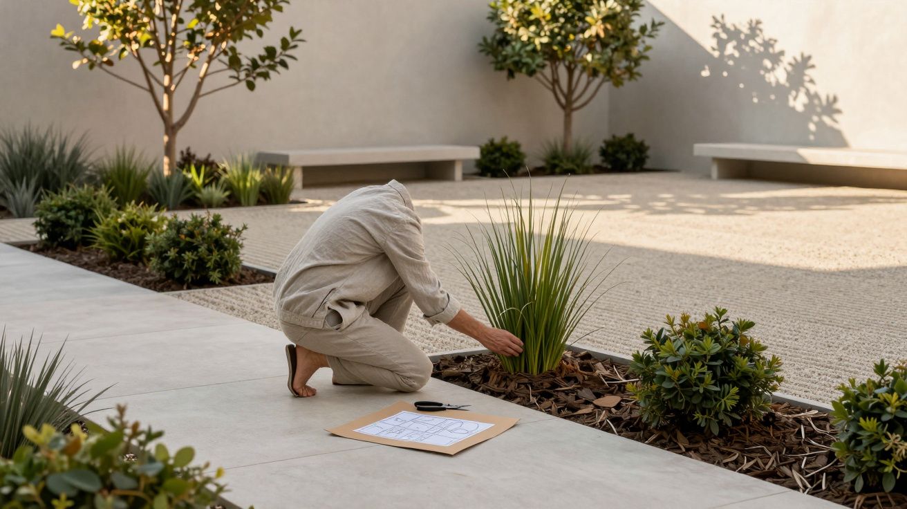 Pessoa agachada a cuidar de plantas num jardim minimalista e ensolarado com folhas verdes.