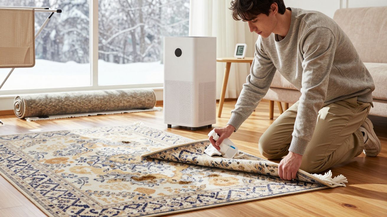 Homem usa aspirador portátil para limpar manchas de tapete num chão de madeira em sala iluminada.