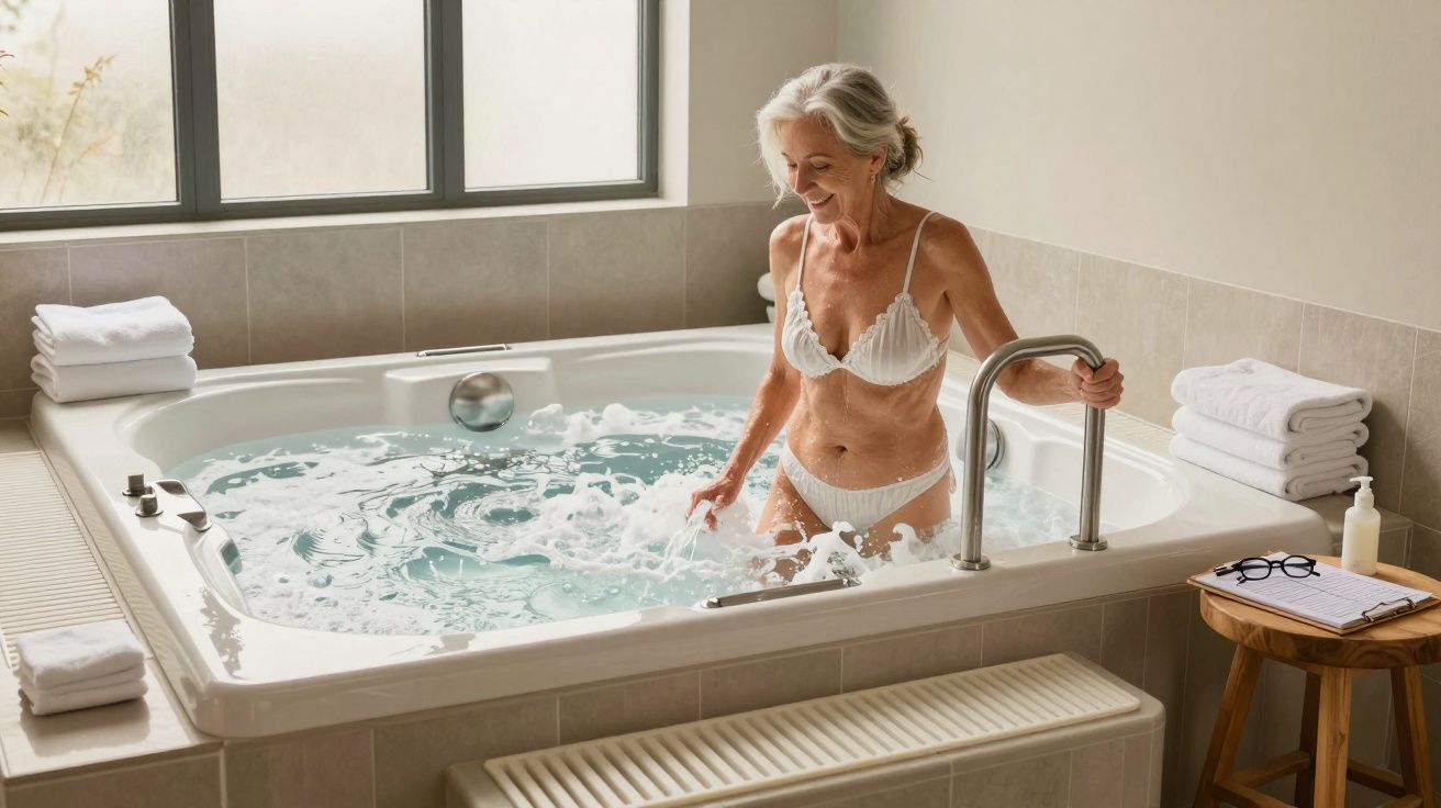 Mulher idosa a entrar numa banheira de hidromassagem em banheiro moderno com toalhas brancas arrumadas.