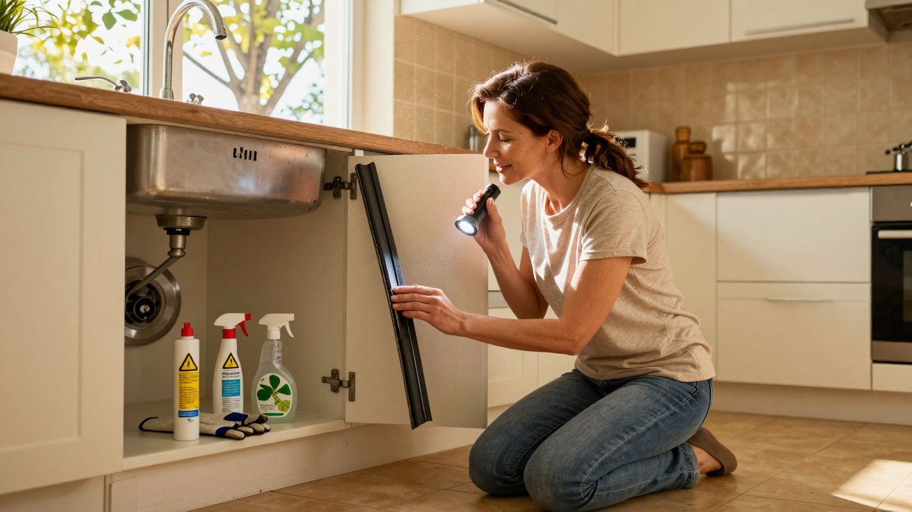 Mulher ajoelhada a inspeccionar o interior do armário da cozinha com uma lanterna.