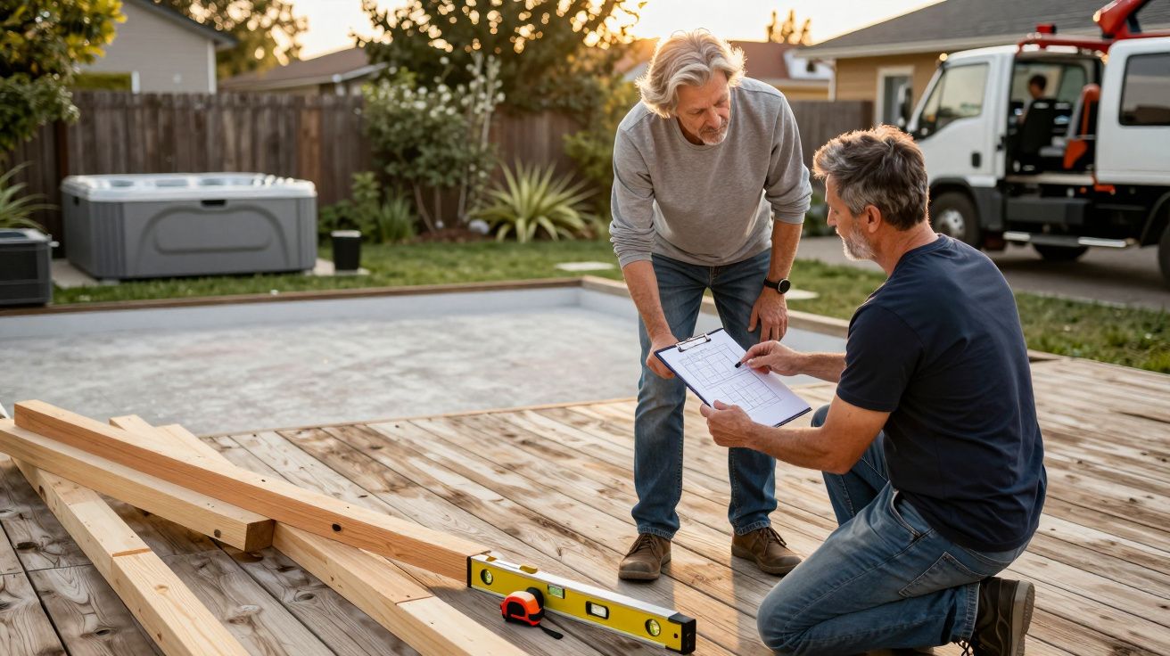 Dois homens a discutir plantas num deck de madeira com ferramentas de construção ao redor ao entardecer.