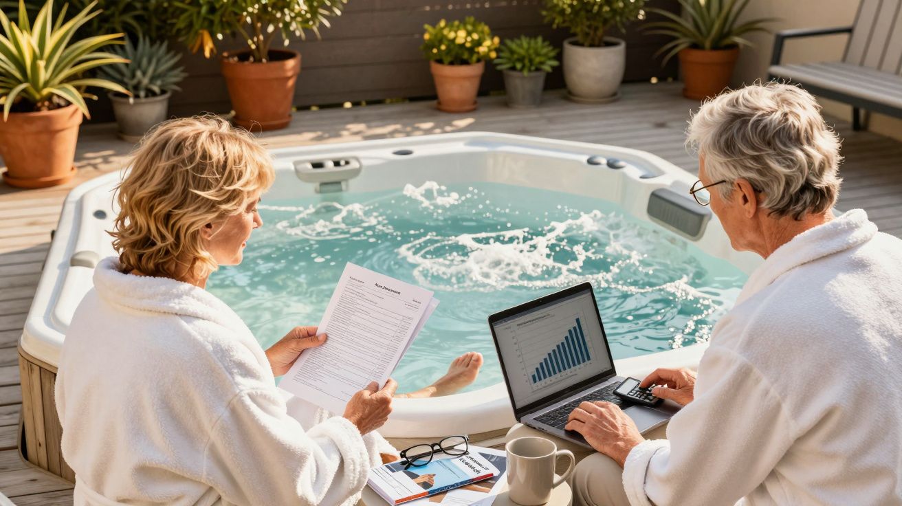 Casal sénior em robes analisa documentos e gráficos junto a um jacuzzi com plantas em vasos no fundo.