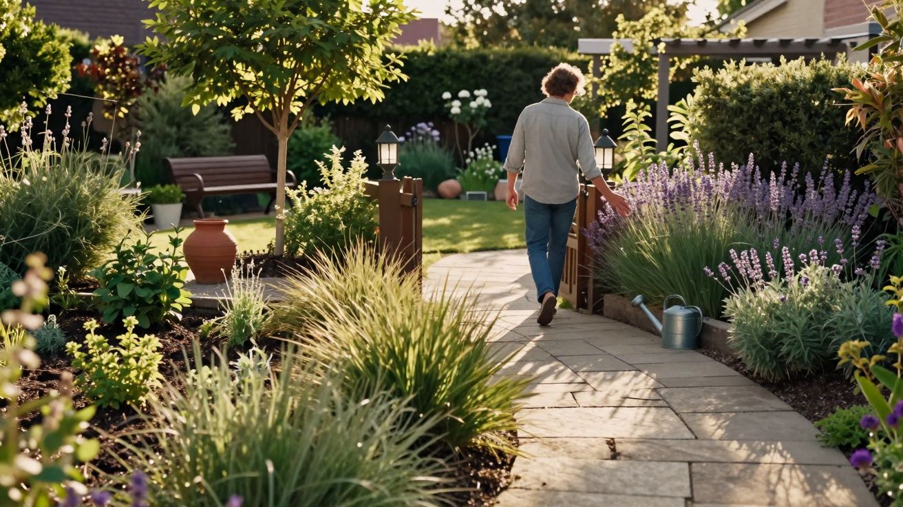 Pessoa a caminhar num jardim florido com caminho de pedra e regador junto a arbustos e flores roxas.