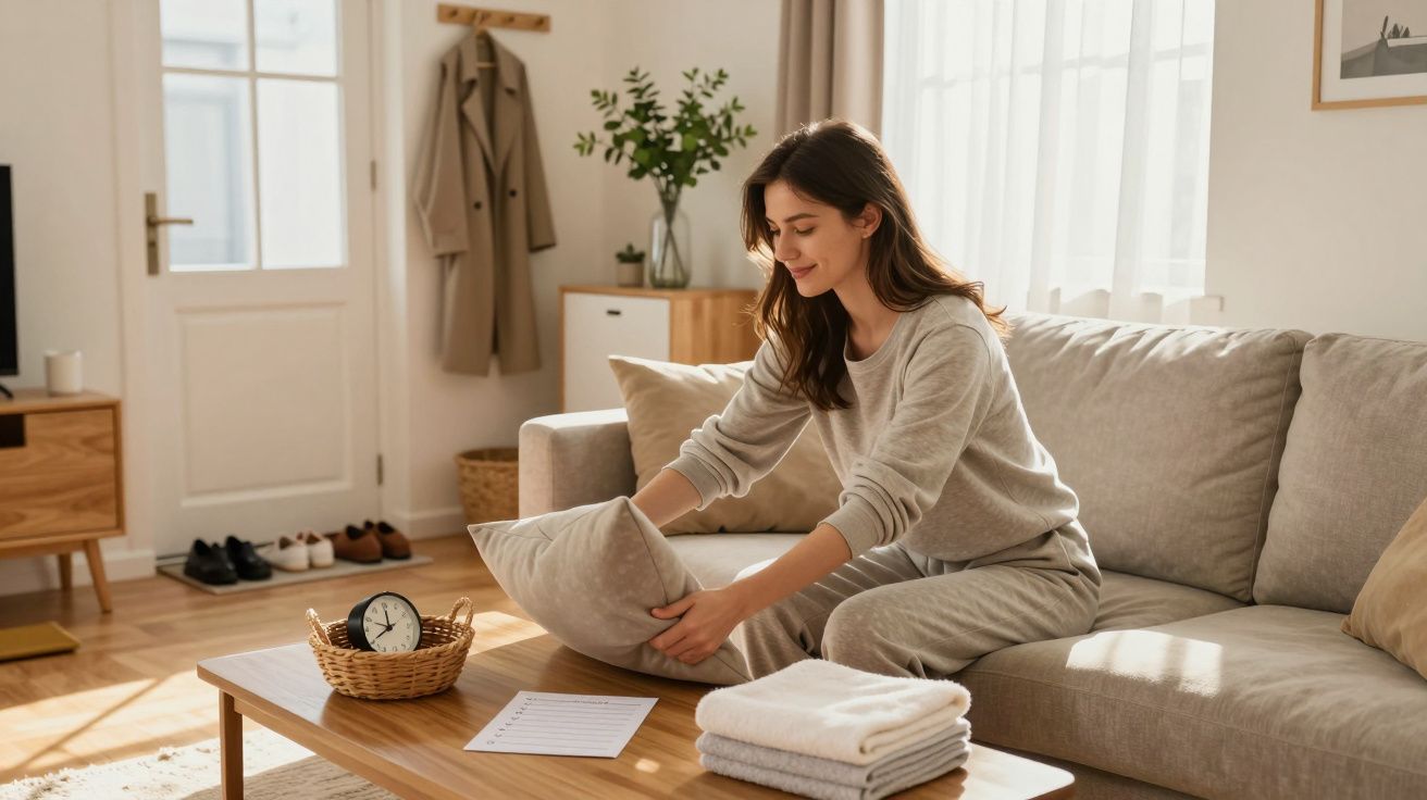 Mulher sorridente a arrumar almofada no sofá numa sala iluminada com mesa de madeira e toalhas dobradas.