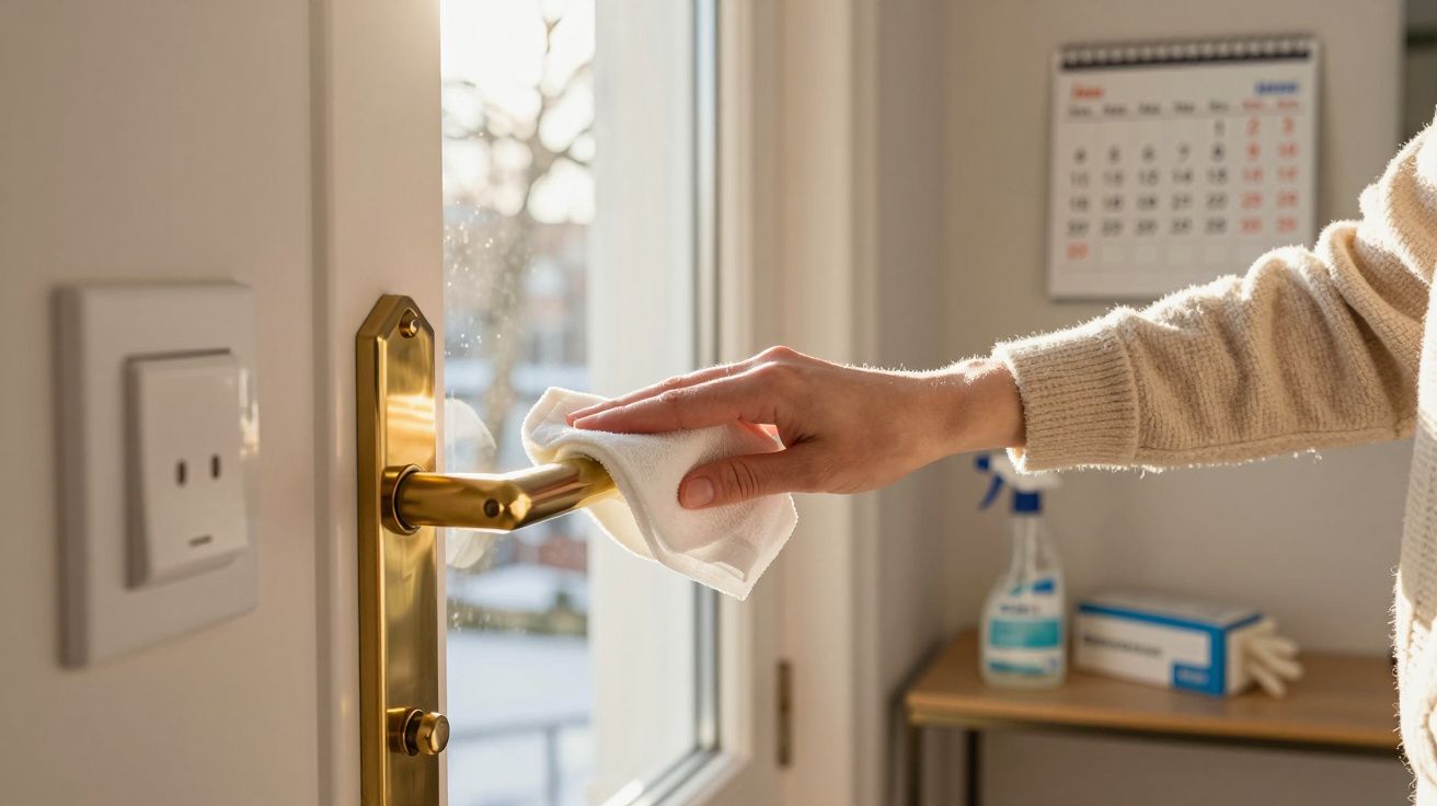 Pessoa a limpar a maçaneta de uma porta em ambiente interior iluminado pela luz natural.